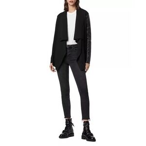 AllSaints Lucia Cardigan Womens Black Sweater Open Jacket Merino Leather XS